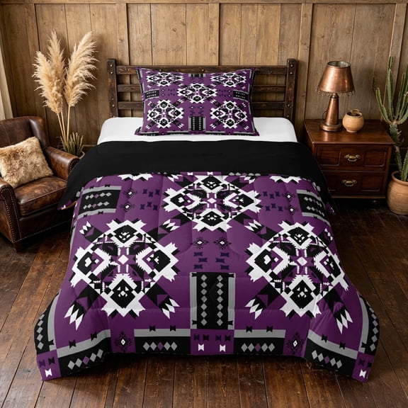 Manfei Aztec Tribal Twin Comforter Sets, Geometric Diamond Bedding Set, Purple Black Cream, Black Reversible 2 Pieces, 1 Comforter and 1 Pillowcase