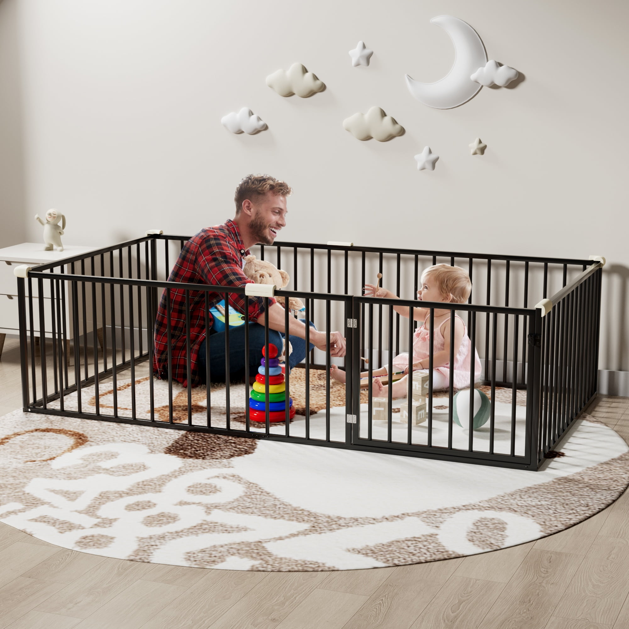 Twin Size Montessori Floor Bed with Safety Fence and Door, Metal Floor Bed Frame with Rails, Minimalist Versatile Floor Bed for Children Bedroom, Toddlers, Boys Girls, Kids Playroom, Black