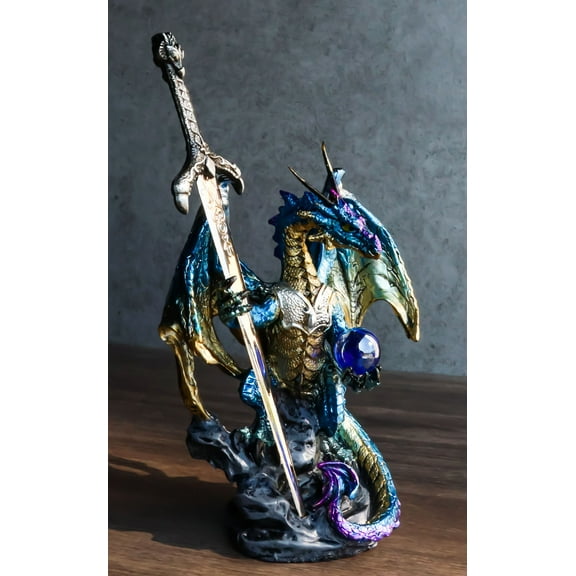 Blue Metallic Ice Knight Dragon With Orb and Gothic Sword Letter Opener Figurine