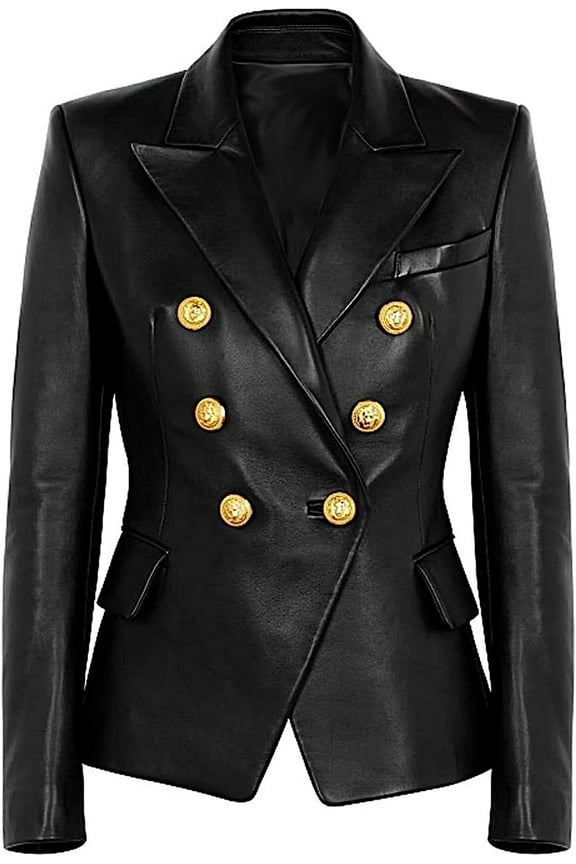 Genuine Lambskin Leather Black Womens Single Button Blazer with Full Sleeves Suit Style for Office Wear X-Large