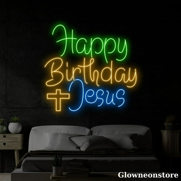 Glowneon Happy Birthday Jesus Neon Sign, Happy Birthday Led Sign, Cross LED Light, Christmas Décor