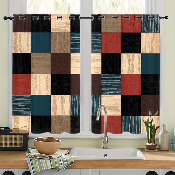 WNOOHIY Patchwork Geometric Grommet Blackout Curtains, Thermal Insulated Noise‑Reducing Room Darkening Curtain Drapes for Bedroom Living Room, 2Pcs