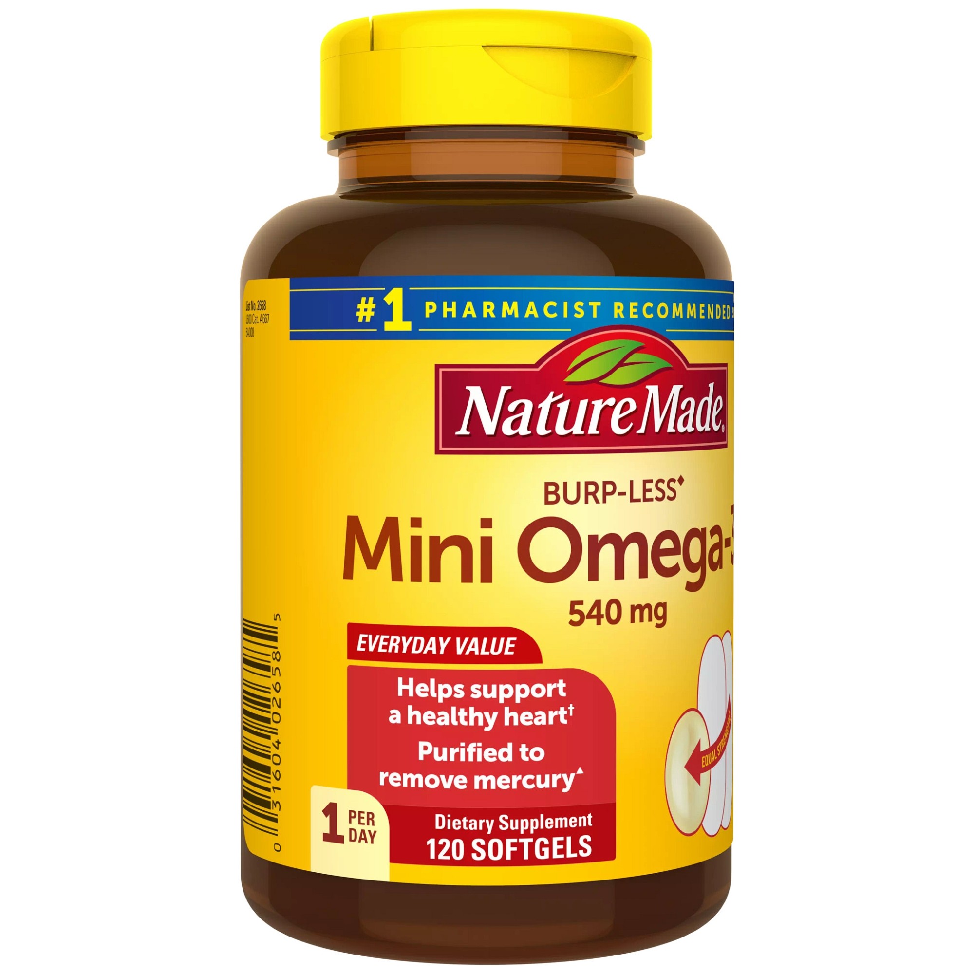 Nature Made Fish Oil Omega-3 540 mg Burp-less Mini Softgels, 120 Count
