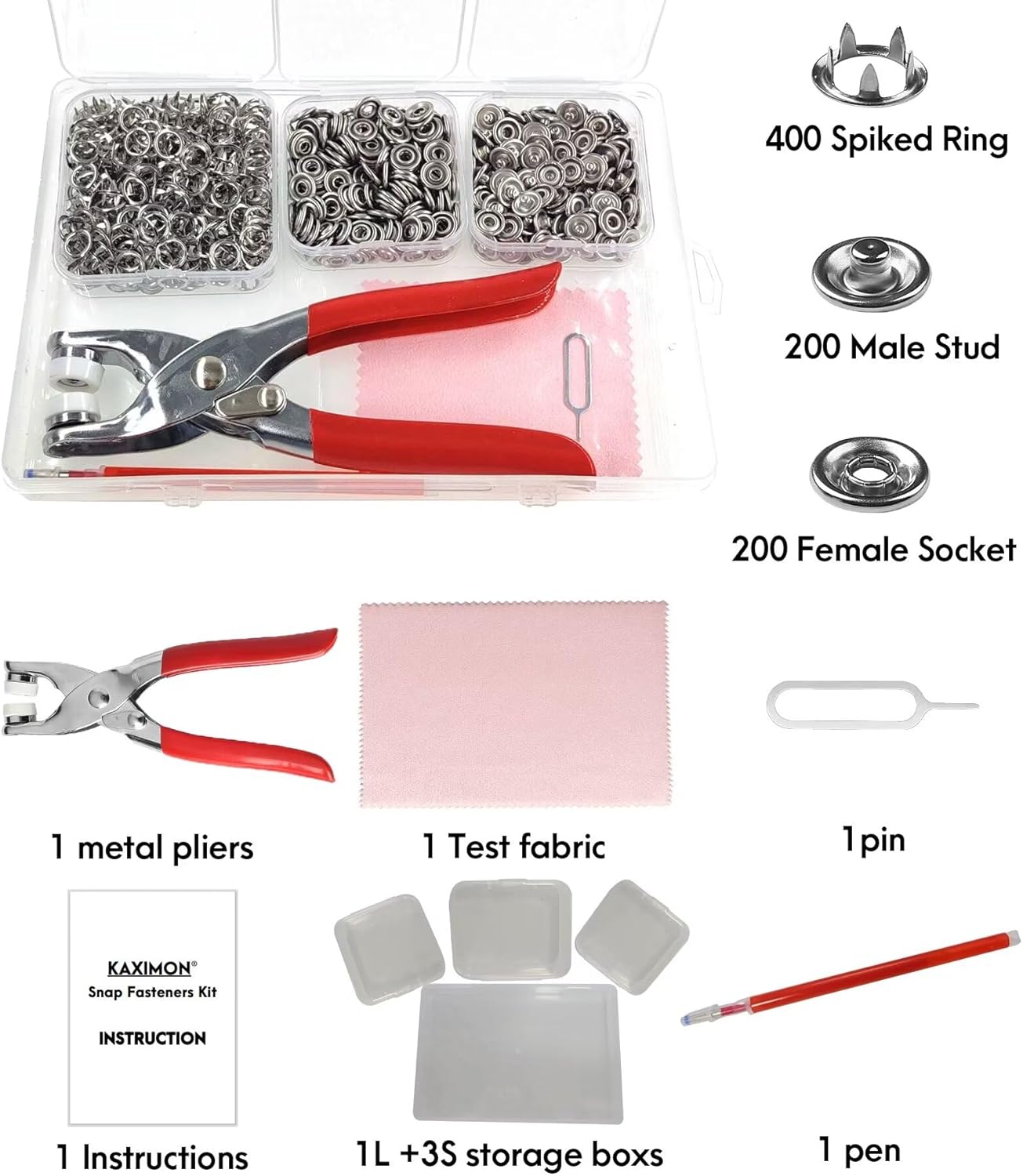 800+ PCS Snap Fasteners Kit , Metal Snap Button Kit with Fastener Pliers No Sewing, 9.5mm Snap on Button Kit Rust Proof DIY Press Studs Button Fix Tools for Fabric Clothing, chrome, SNAP-9.5MM