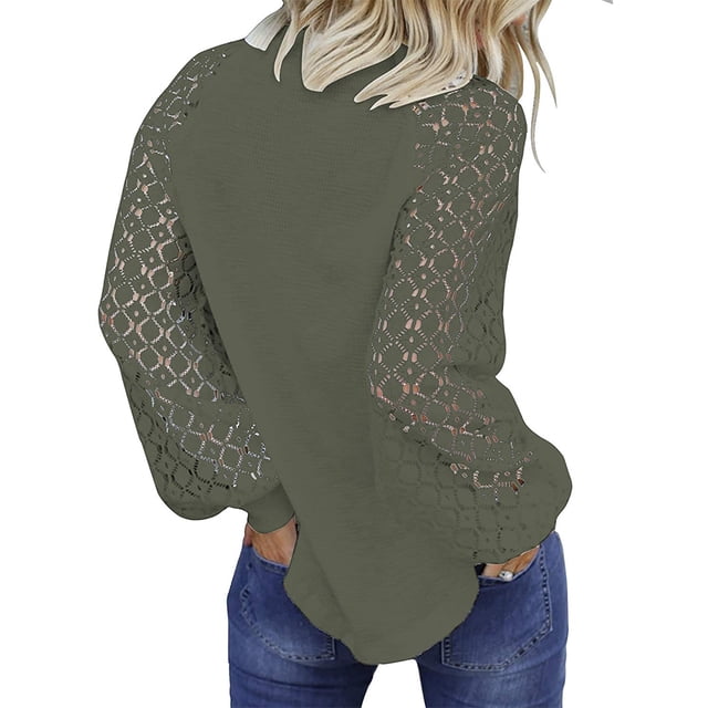 Qarigey Blusa de manga larga de encaje para mujer Camiseta de color sólido con cuello de encaje Prendas para la parte del cuerpo Verde XXL