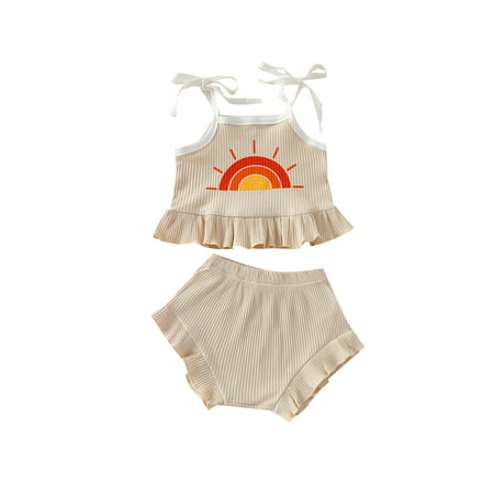 

Bagilaanoe 2Pcs Toddler Baby Girl Short Pants Set Sun Pattern Sleeveless Crop Tops + Shorts 6M 12M 18M 24M 3T 4T Casual Summer Short Pants Set
