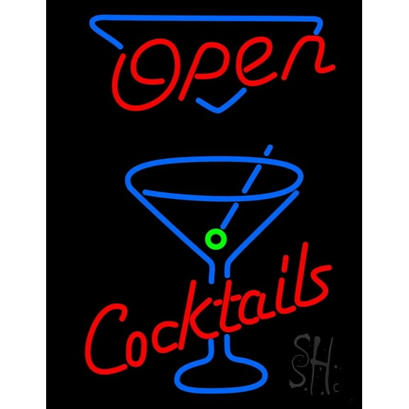 Open With Cocktail Glass LED Neon Sign 19 x 15 - inches, Clear Edge Cut Acrylic Backing, with Dimmer - Bright and Premium built indoor LED Neon Sign for Bar decor.