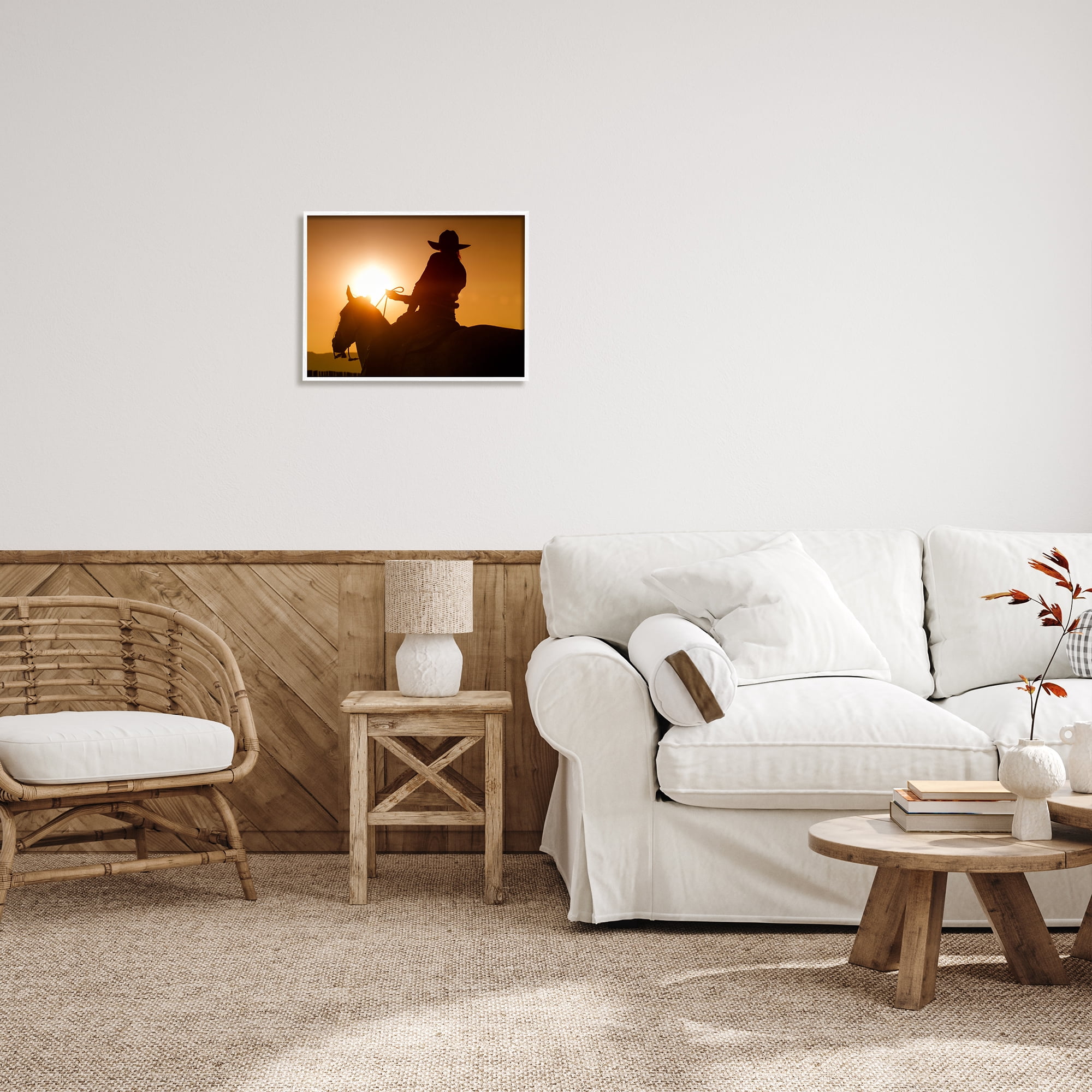 Stupell Industries Cowboy at Sunset Silhouette Animals & Insects Photography White Framed Art Print Wall Art, 20 x 16
