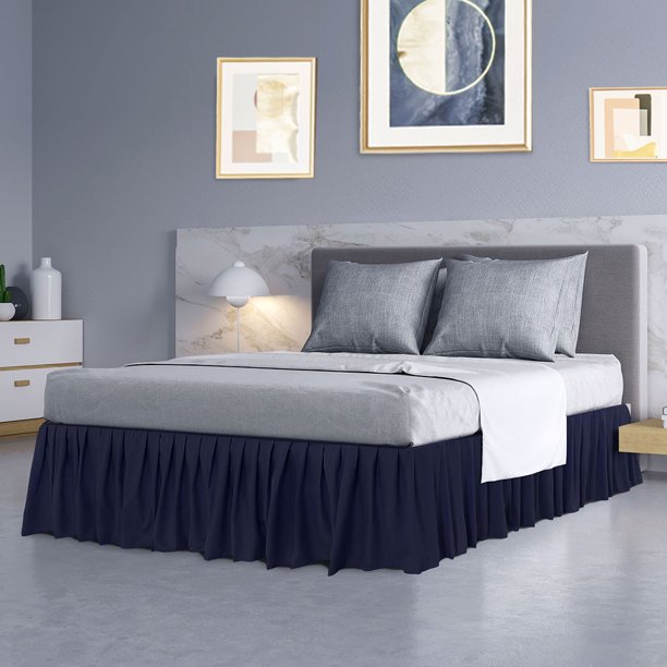 PiccoCasa Brushed Polyester Ruffled Bed Skirt 16 Inch Drop Navy Blue