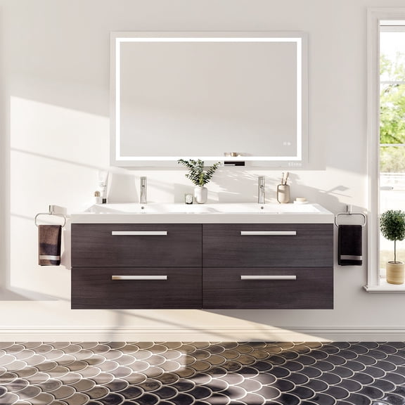 Eviva Surf 57" Grey Oak Modern Bathroom Vanity Set with Integrated White Acrylic Double Sink