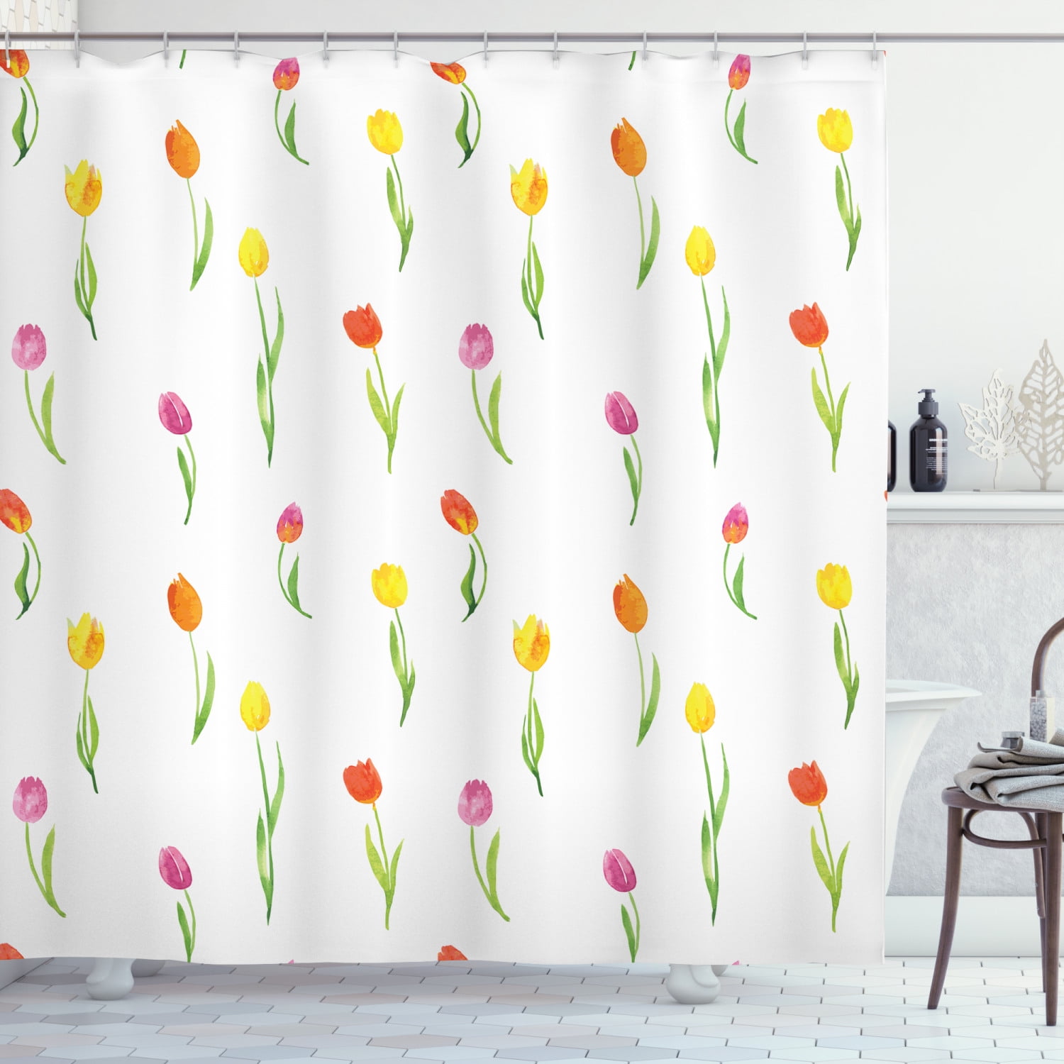 Easter Rabbits Eggs Tulip Rustic Wood Wall Shower Curtain Set Bathroom Decor 72" 