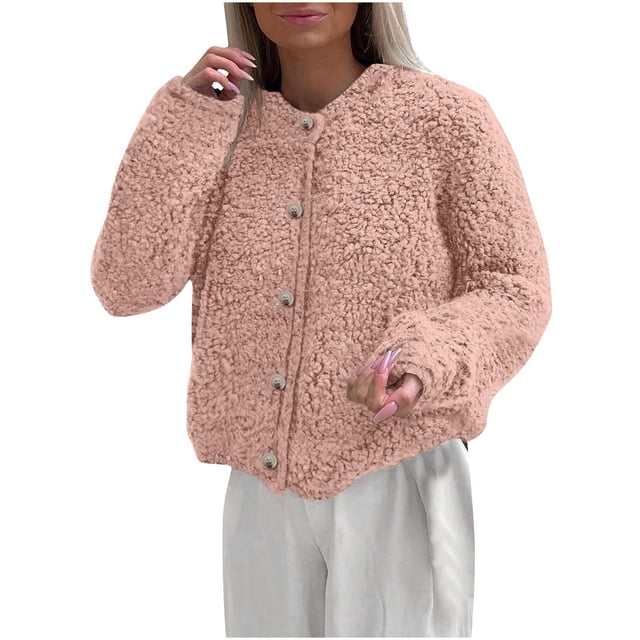 FAIWAD Women's Fleece Jacket Fall Winter Warm Coats Solid Color Button Up Long Sleeves Fuzzy Outwear