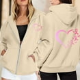 thumbnail image 2 of Zip Up Hoodie Women Oversized Y2k Pink Ribbon Printed Sweatshirt Casual Long Sleeve Fleece Jacket Lightweight Fall Hoodies with Pockets (Beige, L), 2 of 6