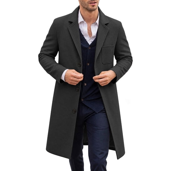 Smupbvky Mens Overcoat Mid Length Notched Lapel Trench Coat Single Breasted Warm Business Winter Topcoat with Pocket (XL, Black)