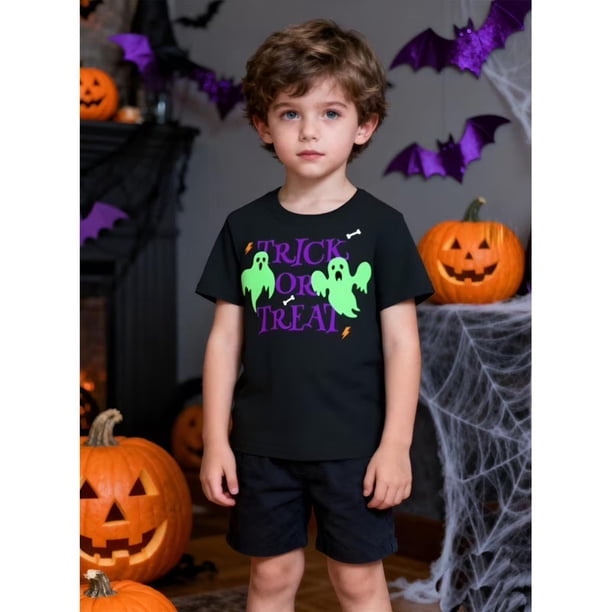 Little Hand Boys Toddler Halloween Skeleton Shirt Short Sleeve T-Shirt Boo Pumpkin Tee Top Children Grils Clothes Size 4-13Y