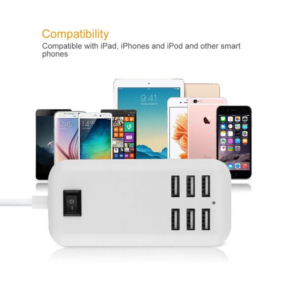 USB Wall Charger 30W 6 Port USB Charging Station 6 Multi USB Charger for Xs/Max/XR/X/8/7/Plus iPad Pro/Air 2/Mini/iPod Galaxy S9/S8/S7/Edge/Plus Note LG and More