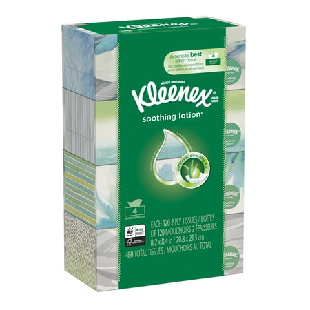 Kleenex Soothing Lotion Facial Tissues with Aloe & Vitamin E, 4 Flat Boxes (480 Total Tissues)