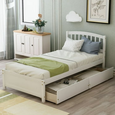 Twin Platform Storage Bed Wood Bed Frame with Two Drawers and Headboard, White, No Box Spring Required, 79.5"X 41.8"X 37.4"