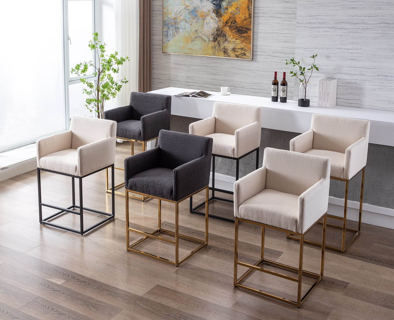 Guyou 26.75" Modern Bar Stools Set of 2, Linen Upholstered Counter Height Bar Stool with Back and Arms, Kitchen Island Stool with Black Metal Frame for Home Bar Restaurant, Cream