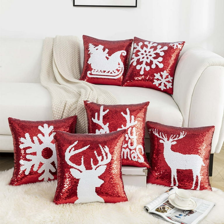 Moocorvic Christmas Throw Pillow Covers 16x16 Christmas Red Double sided Sequins Snowflake Deer Head Couch Pillow Cases Pillow Cushion Cover for