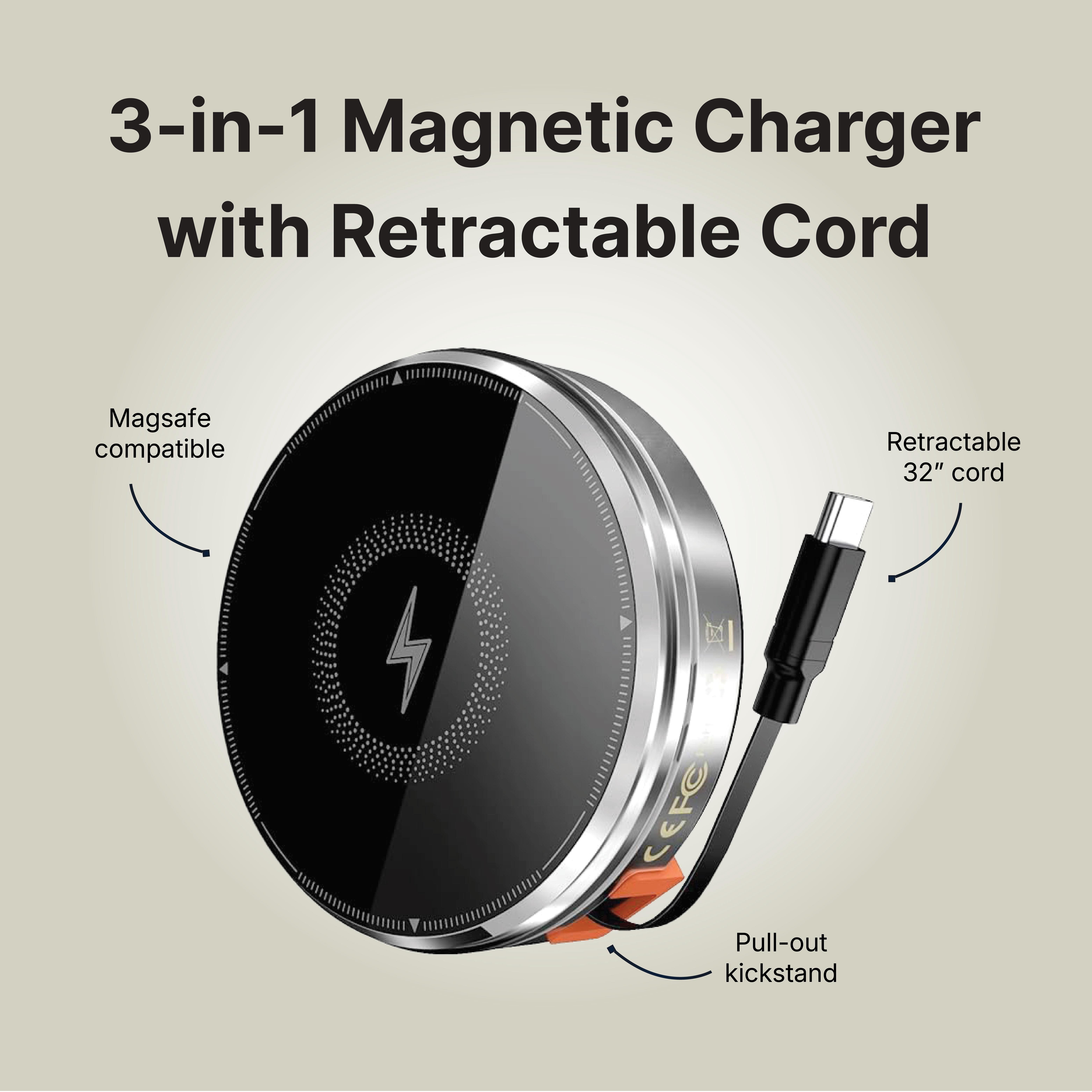 IJS 3-in-1 Magnetic Wireless Charger with Retractable Cord & Kickstand – For iPhone, AirPods & Apple Watch