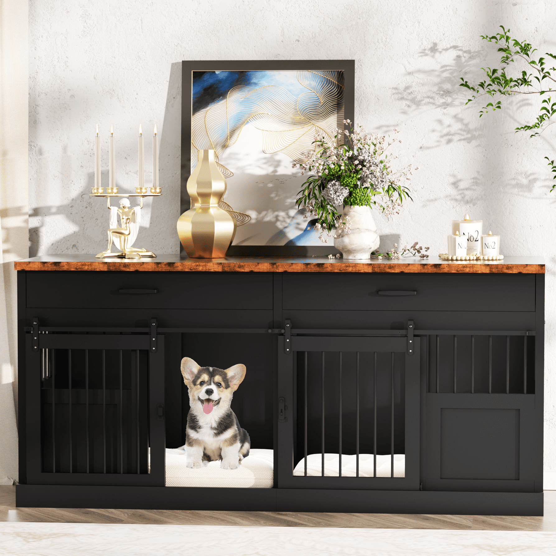 70.9" Large Double Dog Crate Furniture with Divider and 2 Drawers for 2 Dogs with 2-Door Indoor, Black+Natural Tabletop