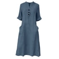 thumbnail image 6 of ClodeEU Women's Stand Collar Half Button Short Sleeve Linen Midi Dress,Casual Loose Fit Dress with Pockets Navy,Women's Plus XL, 6 of 6