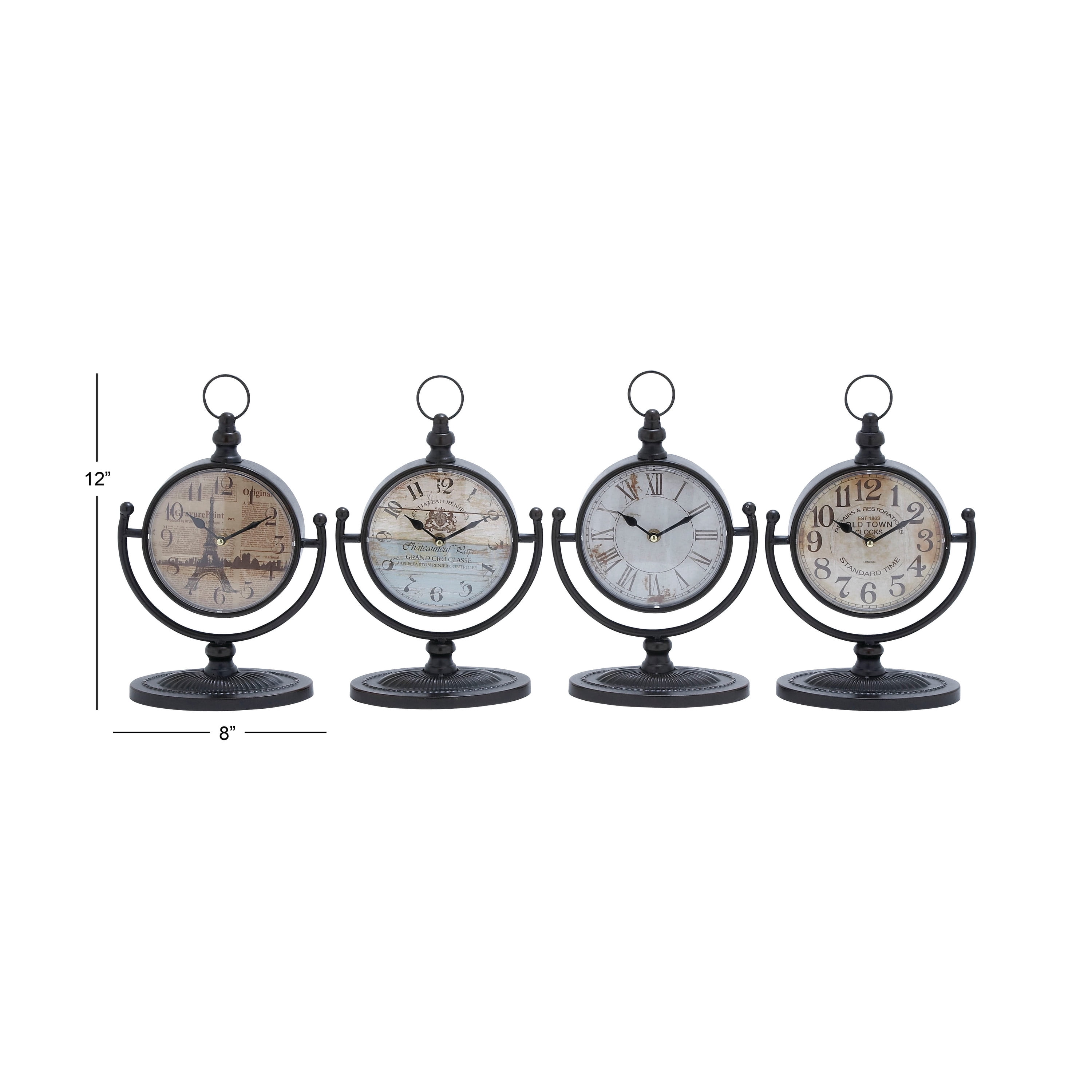 DecMode 12" Black Metal Clock with Swing Stand, Set of 4
