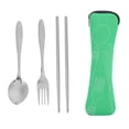 thumbnail image 2 of Palillos portátiles de acero inoxidable con cuchara, tenedor y bolsa de almacenamiento, juego de vajilla para acampar (verde), 2 of 5