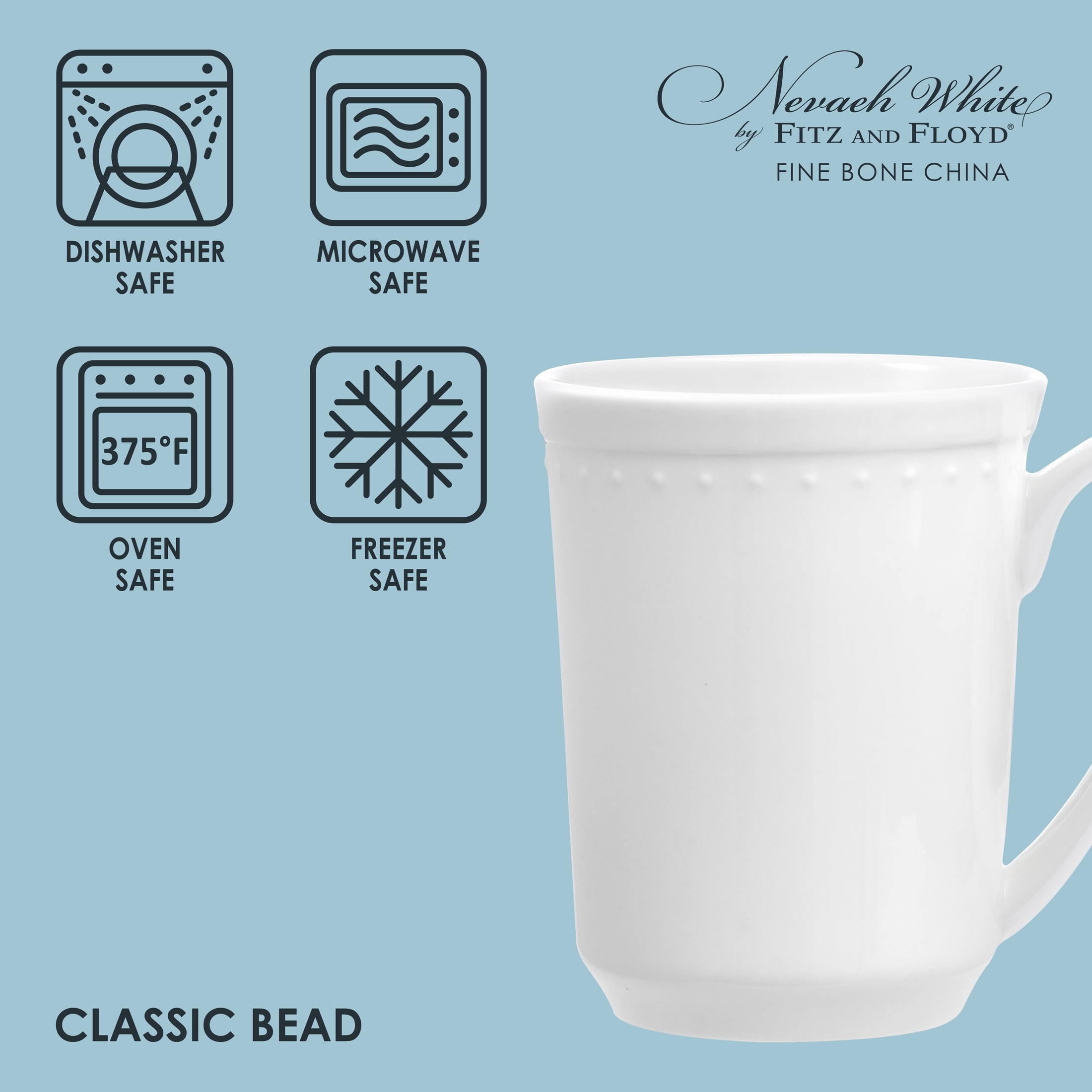 Fitz and Floyd Nevaeh 16.5 oz White Classic Bead Bone China Mugs (Set of 4)