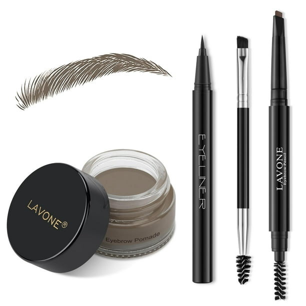 Lavone Kit de lápiz de sello de cejas para maquillaje de cejas Kit de trío de sello de cejas con lápiz de cejas impermeable Delineador de ojos Pomada de cejas y cepillo de cejas de doble punta - Gris