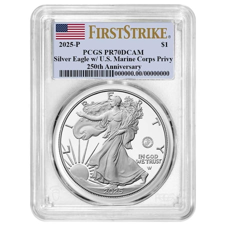 2025-P $1 1-oz Proof American Silver Eagle Marine Corps Privy PCGS PR70DCAM FS Flag Label 250th Anniversary