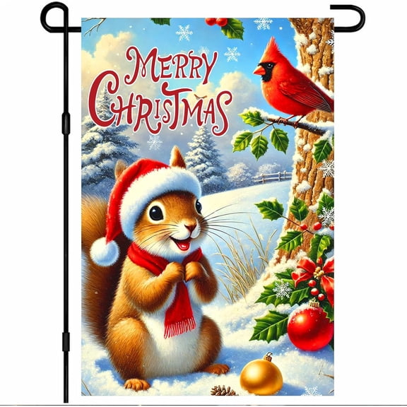 Christmas Garden Flag Cute Squirrel and Cardinal Winter Snow Scene Double Sided Outdoor Yard Banner 12 x 18 Inch for Front Porch Lawn Patio Seasonal Home Decor