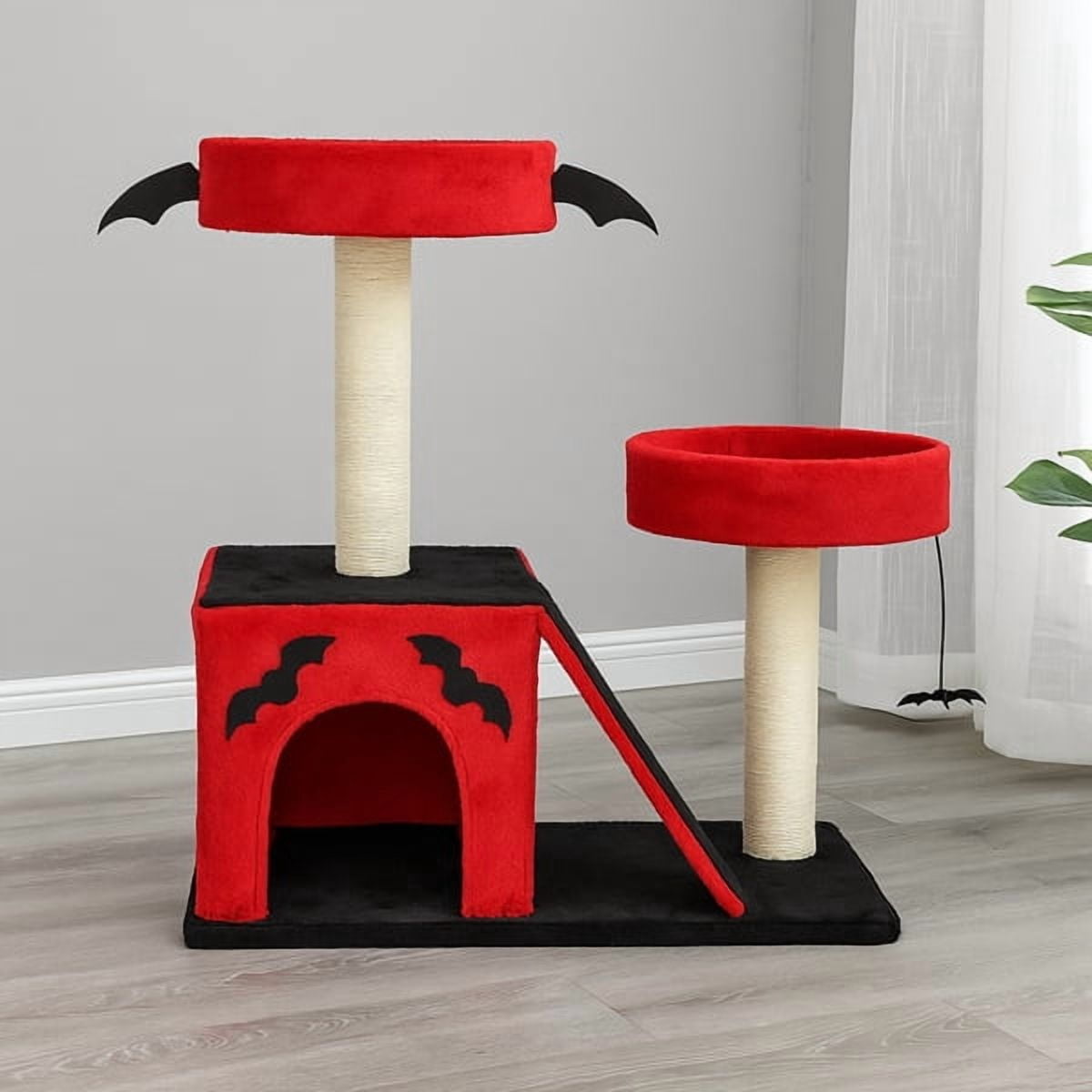 26" Gothic Cat Tree, Cat Tower with Spacious Cat Condo, 2 Padded Perches, Spider Toy, Scratching Posts, Scratching Ladder for Large Cats, Red & Black