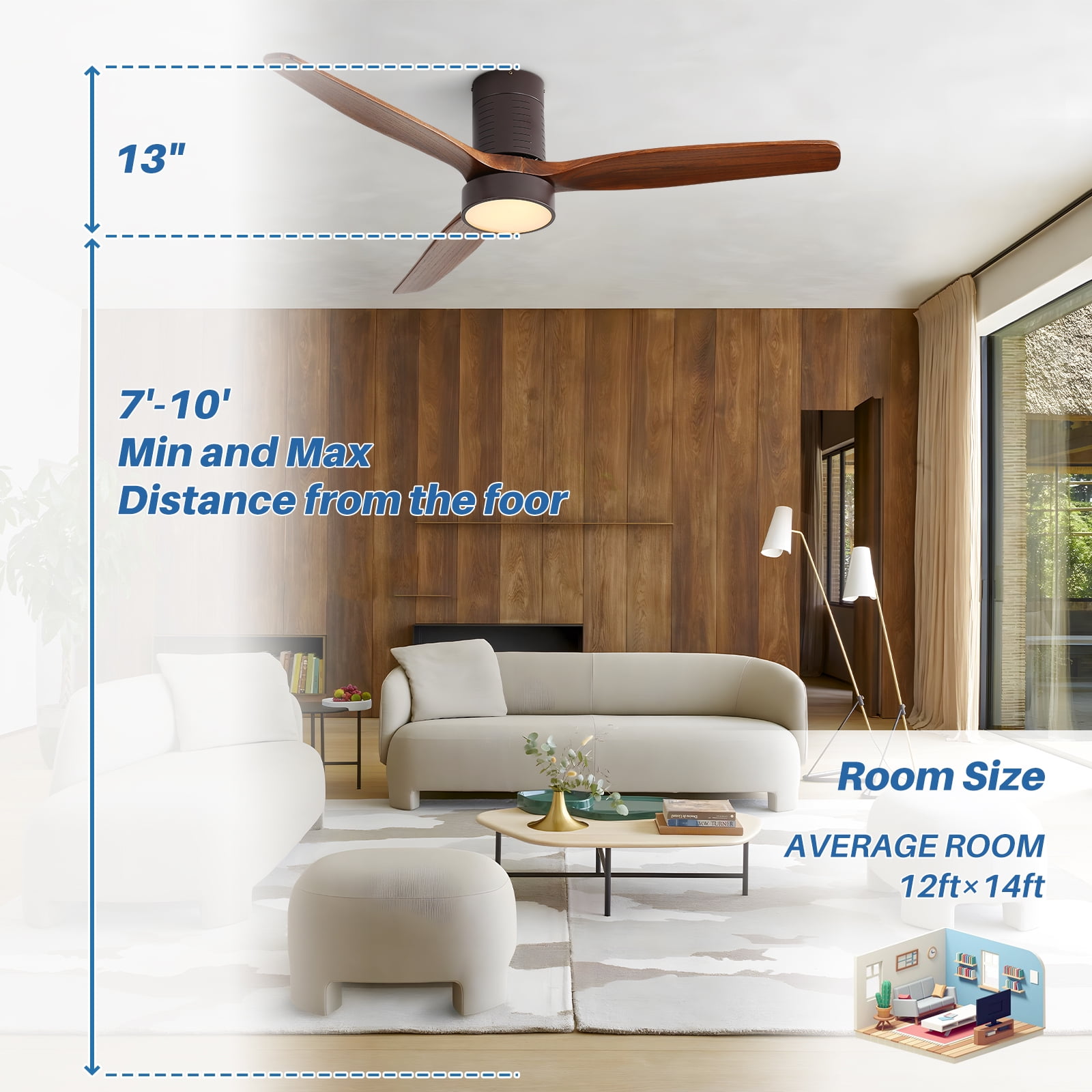 Sofucor 52" Flush Mount Ceiling Fan with Light and Remote Control, 3 Blades W/ Reverse Airflow, Bronze
