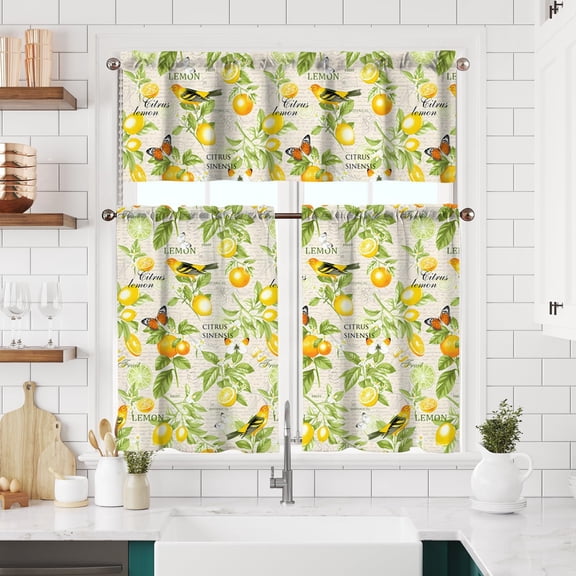 Vintage Lemon Kitchen Curtains Short and Valance Set Farmhouse Fruit Green Leaves Dining Room Fabric Curtain Drapes Spring Summer Butterfly Cafe Curtains Valance for Home Decor