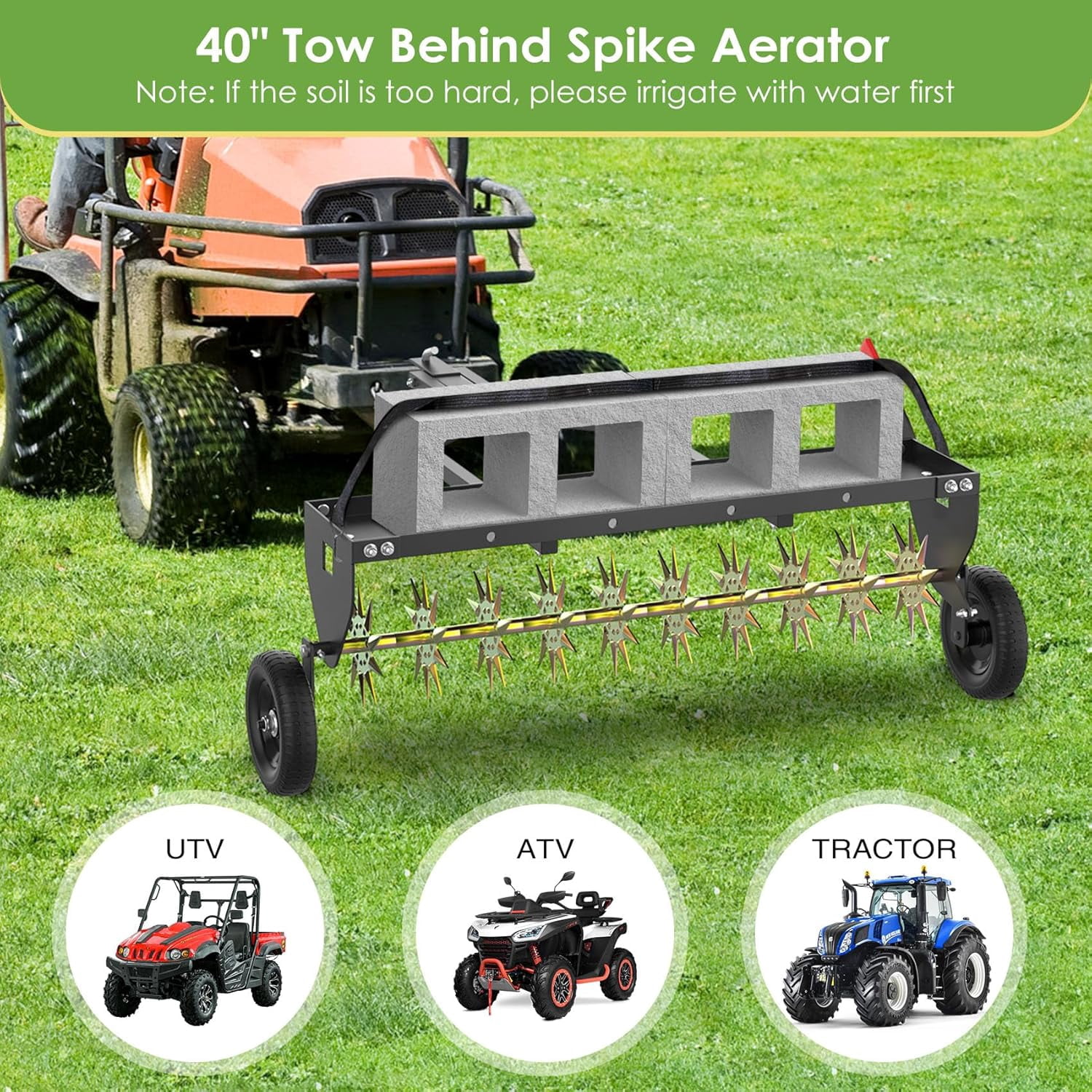 DKMOCO 40" Tow Behind Spike Aerator, Heavy Duty Rolling Lawn Aerator with 3D Steel Tines & Weight Tray and Folding Shovel for Lawn Garden Farm
