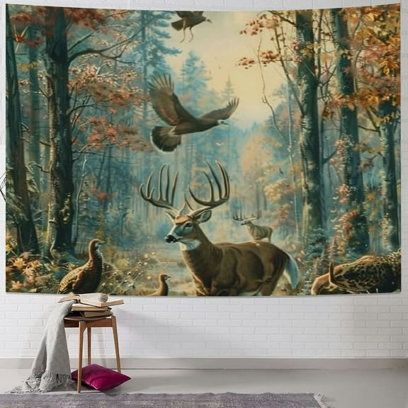 BCIIG Deer Turkey Forest Tapestry Wall Hanging Unique Style for Home Decor, Graphic Tapestries for Living Room Bedroom Dorm, 4 Sizes Available 40x30inch