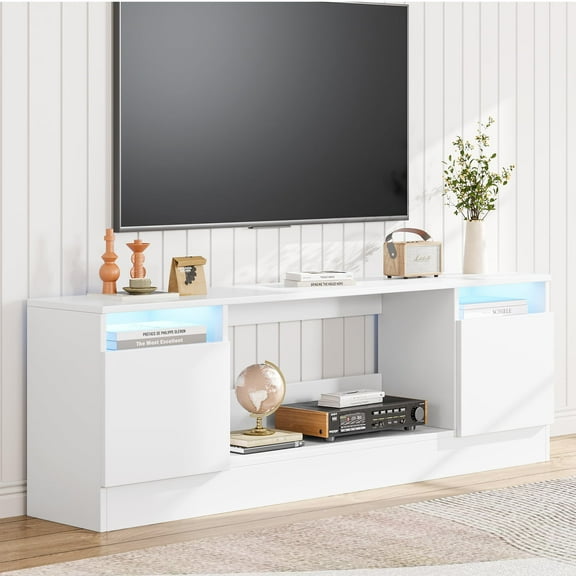 Emorefun Modern TV Stand, Entertainment Center with LED Lights for up to 75 Inch TV, White