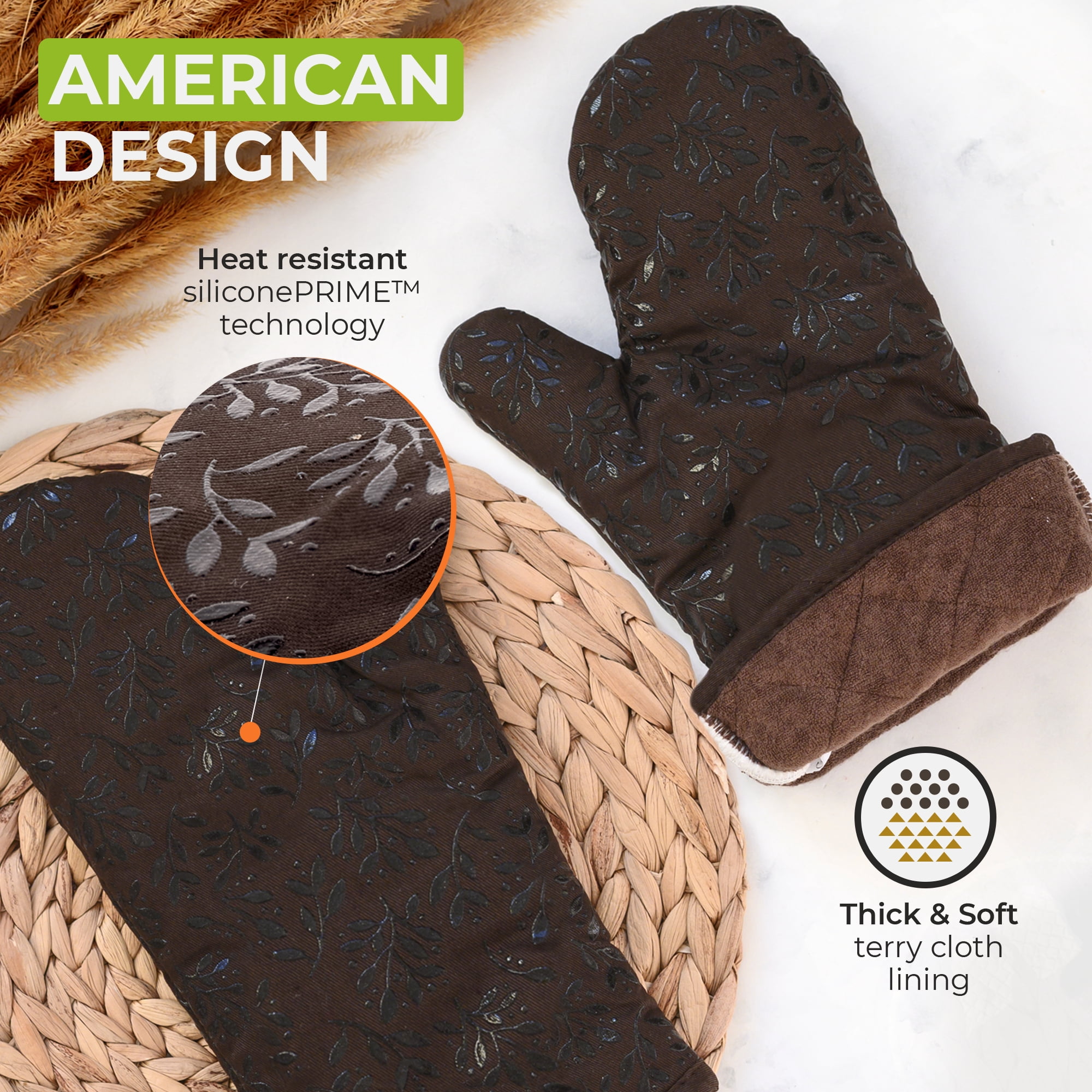 Premium Heat-Resistant Oven Mitts - Stylish and Beautiful - Non-Slip Platinum Silicone Grip - Long and Thick - 100% Natural Cotton Exterior and Soft Terry Cloth Lining - Set of 2 by Cook'n'Chic
