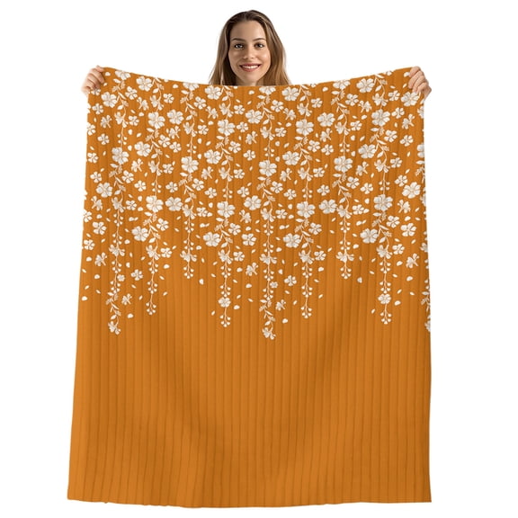 Weeping Flowers Throw Blanket,Flannel Fleece Blanket with Striped Design for Couch,Orange Spring Floral Botanical Art Aesthetics Soft Breathable All Season Plush Blankets for Sofa Office Bed 50"x60"