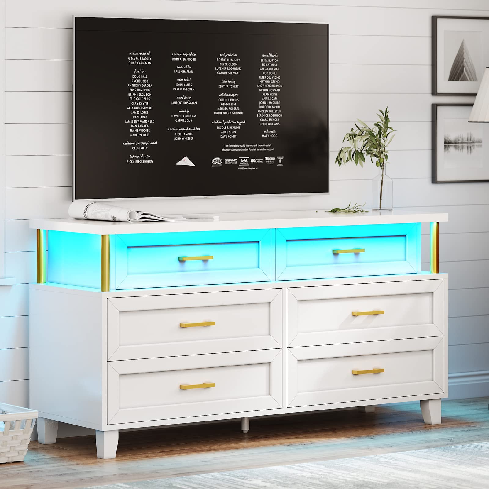 6 Drawer Dresser with LED Light, Dresser for Bedroom, White Finish