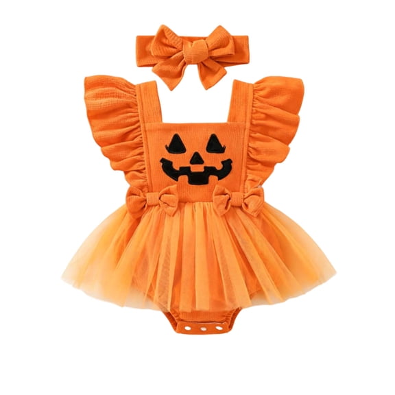 Staki Baby Girl Halloween Outfit Bodysuit Romper Ruffle Tulle Dress One Piece Jumpsuit Outfits(Orange,6-9 Months)