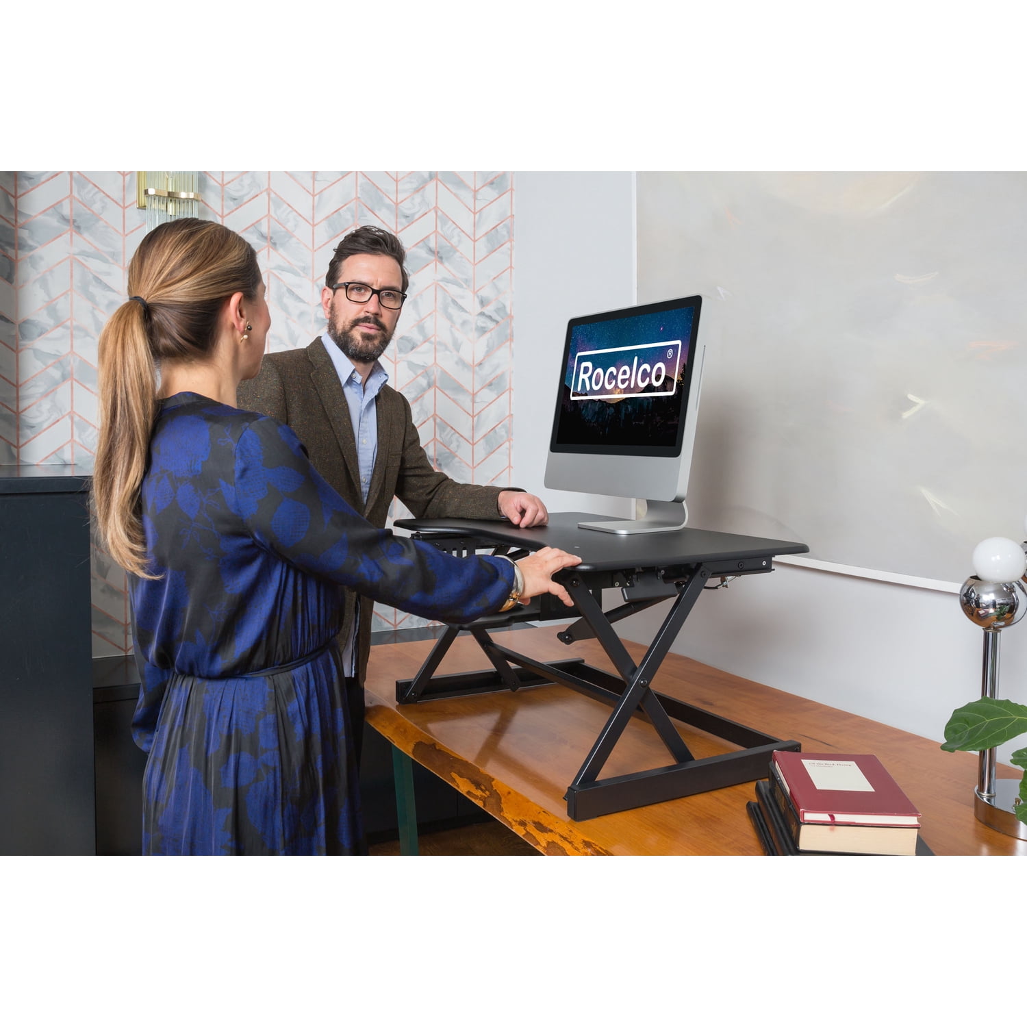 Rocelco 38" Large Height Adjustable Standing Desk Converter | Quick Sit Stand Up Dual Monitor Riser | Gas Spring Assist Computer Workstation | Retractable Keyboard Tray | Black (R DADRB-38)