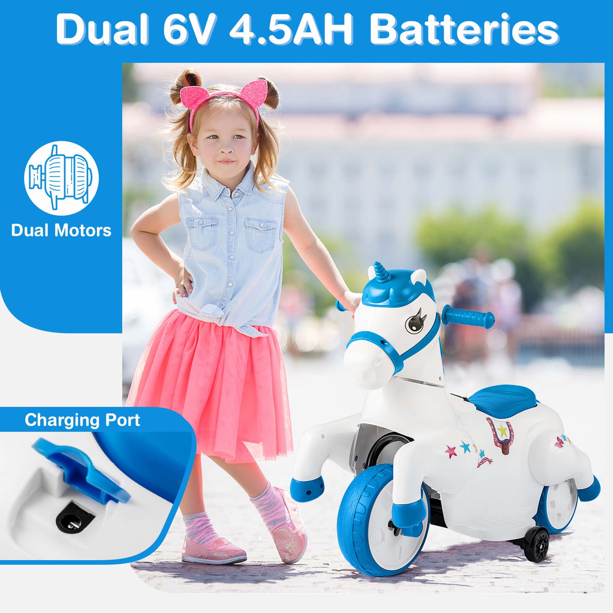 Costway 12V Kids Ride on Unicorn Toy with Training Wheels Music One-button Start Horse Toy Blue