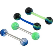 Hotsilver Women's Body Jewelry 14G Blue, Green and Black Tongue Barbells, 4 Pack