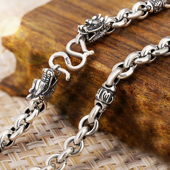 HOOUN Real 925 Silver Chain Dragon Head Mantra Oval Link Necklace 38.5g /22''