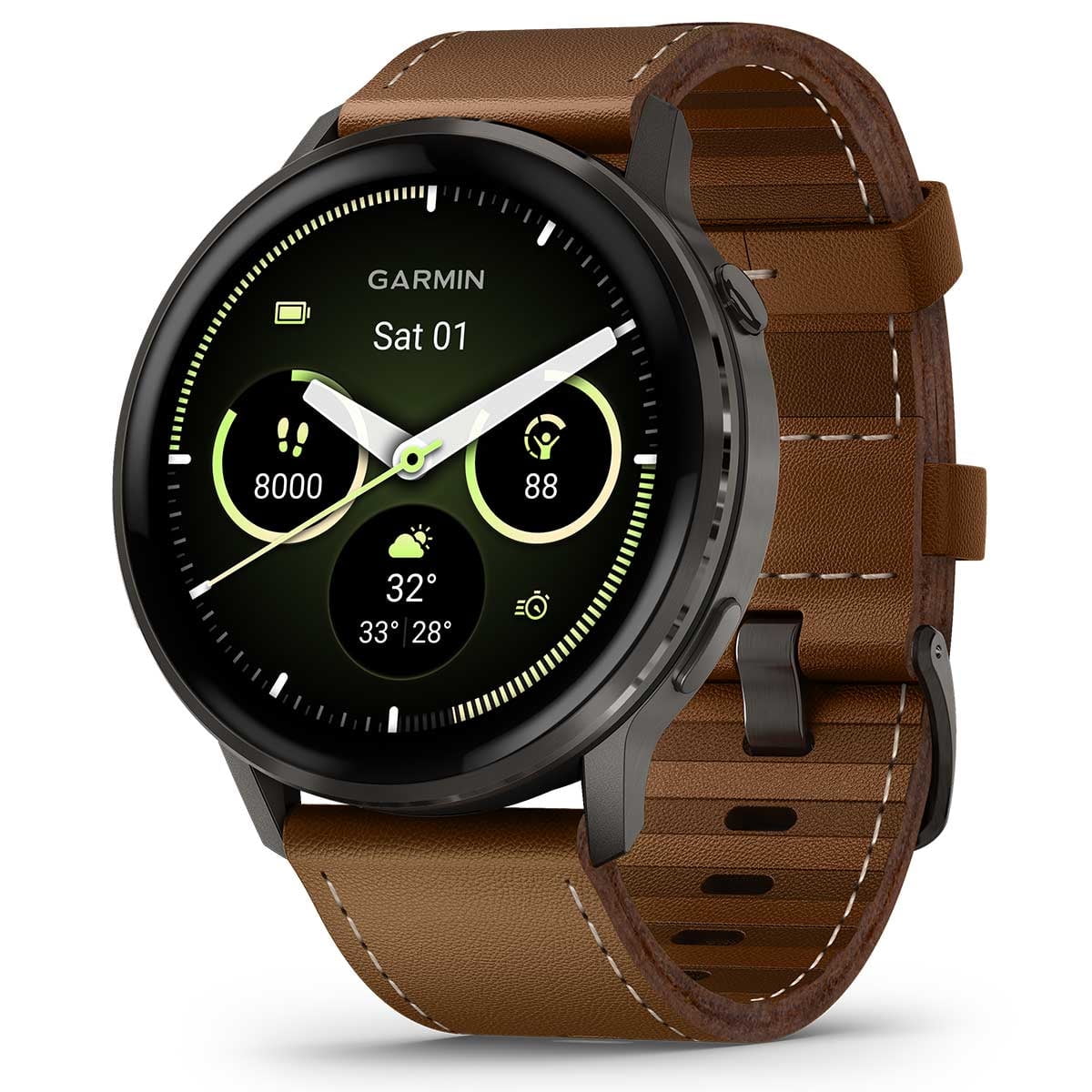 Garmin Venu 4 (Slate/Black/Brown Leather, 45mm) Fitness GPS Smartwatch Bundle with PlayBetter Portable Charger & HD Screen Protectors