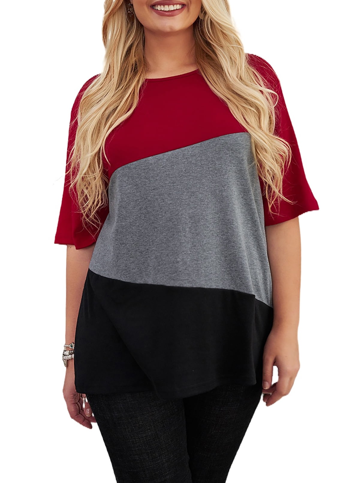 SHEWIN Womens Plus Size Tops Summer Color Block Printed TShirt Casual Tunics Short Sleeve