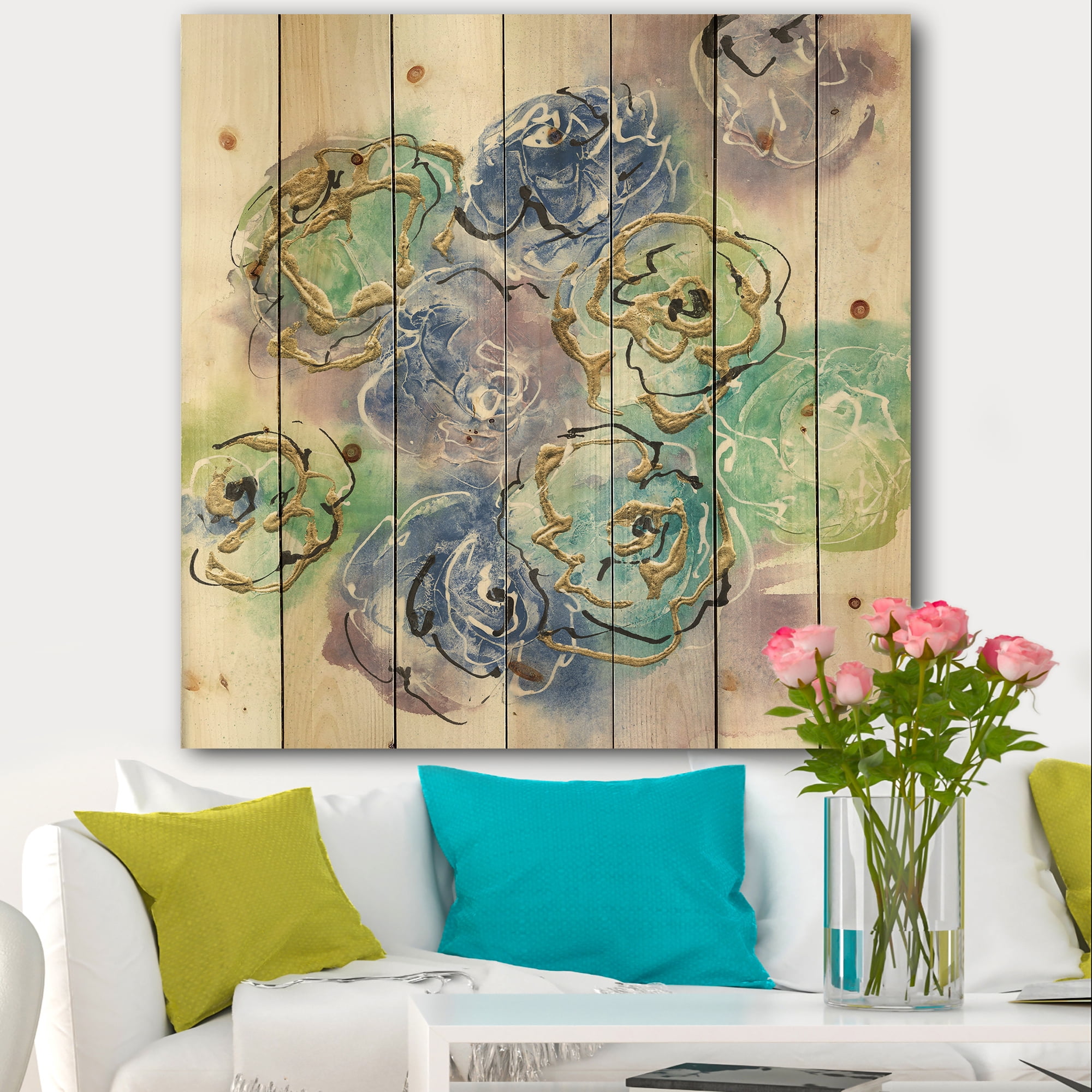Designart 'Glitter Pastel Foral Composition II' Cabin & Lodge Print on Natural Pine Wood